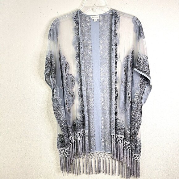 HEM & THREAD Sheer Paisley Duster Kimono Top Cover Burnout Fabric Fringe Blue - Picture 1 of 10